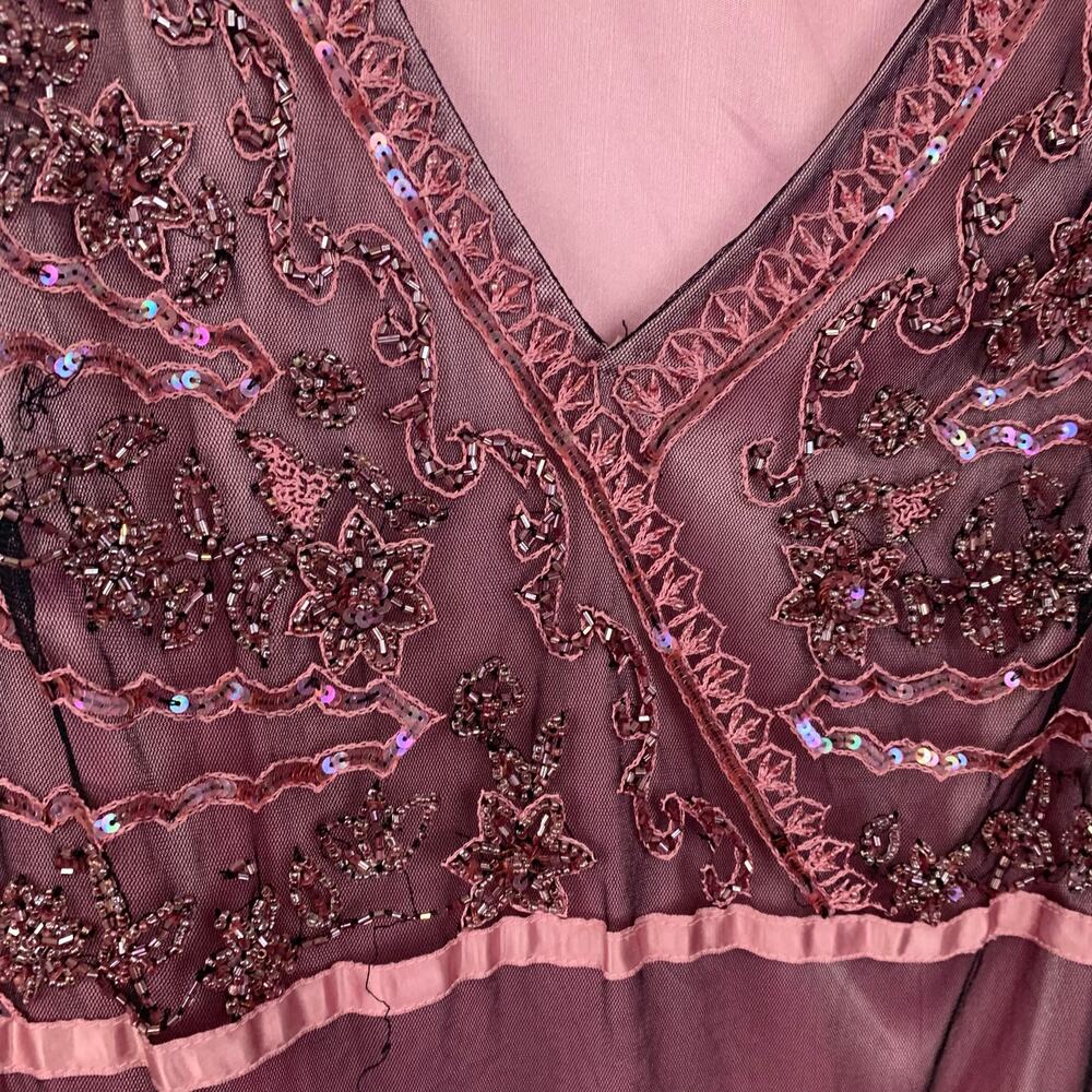 Y2K Marina Cocktail Midi Dress Women's Size 8 Pink Black Beaded Sheer Overlay - Picture 3 of 11